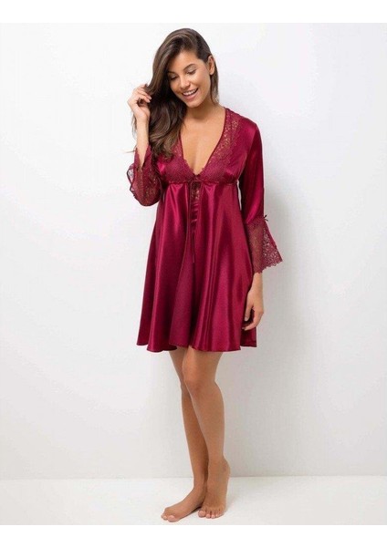 6625 Bordo Kısa Gecelikli Saten 6 Lı Çeyiz Seti modelleri