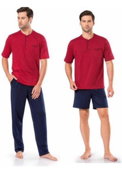5370 Bordo 3 Lü Pijama Şort Damat Pijama Takım