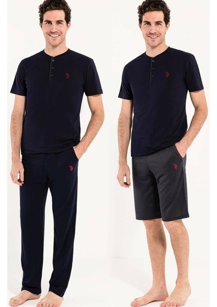 Erkek Lacivert Kutulu Çeyiz Damat Pijama Takım 3'Lü 12005