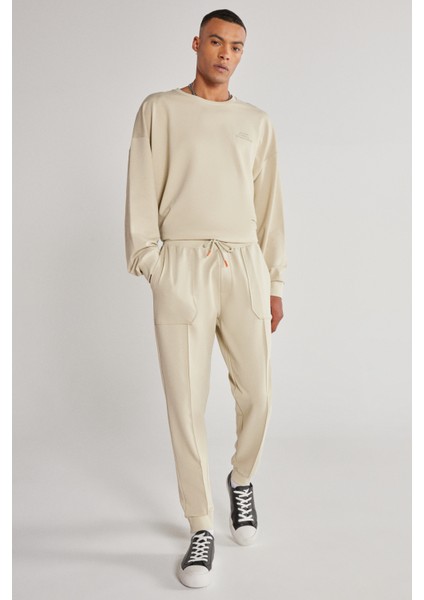 Unisex Bej Standart Fit Normal Kesim Cepli Pamuklu Esnek Eşofman Altı