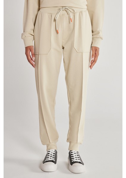 Unisex Bej Standart Fit Normal Kesim Cepli Pamuklu Esnek Eşofman Altı