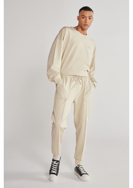 Unisex Bej Standart Fit Normal Kesim Cepli Pamuklu Esnek Eşofman Altı