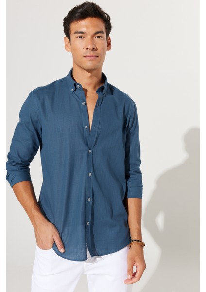 Erkek Koyu Petrol Slim Fit Düğmeli Yaka Keten Görünümlü %100 Pamuk Flamlı Gömlek