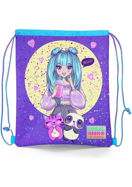 Kids Mor Pembe Anime Kız Desenli Ipli Büzgülü Sırt Çantası 22435
