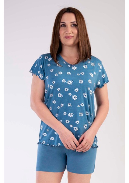Kadın Vıscon Büyük Beden V Yaka Kısa Kol Şortlu Pijama Takım