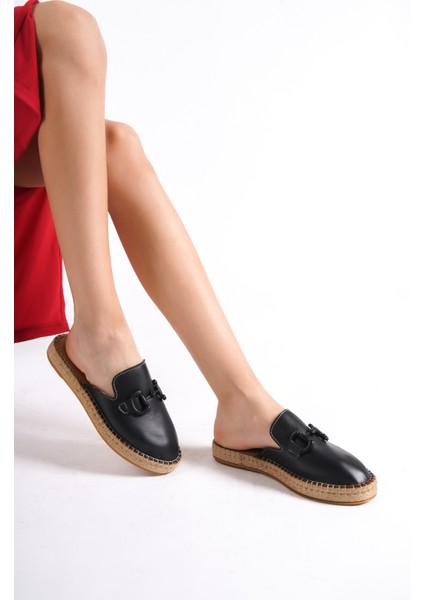 23084-S Hakiki Deri Siyah Toka Detay Kadın Espadril Sandalet Terlik