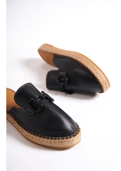 23084-S Hakiki Deri Siyah Toka Detay Kadın Espadril Sandalet Terlik modelleri