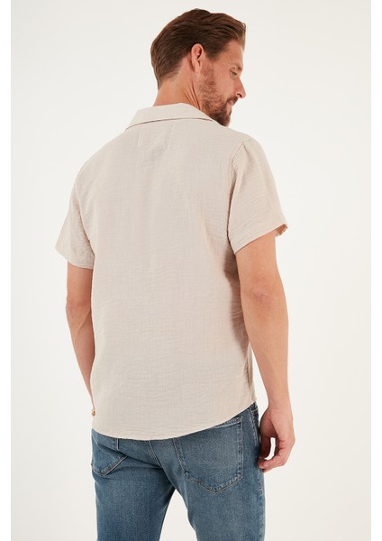 Keten Görünümlü Kısa Kollu Apaş Yaka Regular Fit Gömlek Erkek Gömlek CF23S116775