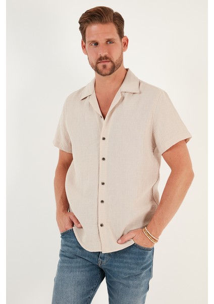 Keten Görünümlü Kısa Kollu Apaş Yaka Regular Fit Gömlek Erkek Gömlek CF23S116775