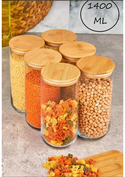 Bambu Kapaklı Cam 3 Boy 4'Lü Erzak & Baharat Kavanoz Seti (380 Ml- 1000 Ml- 1400 Ml)