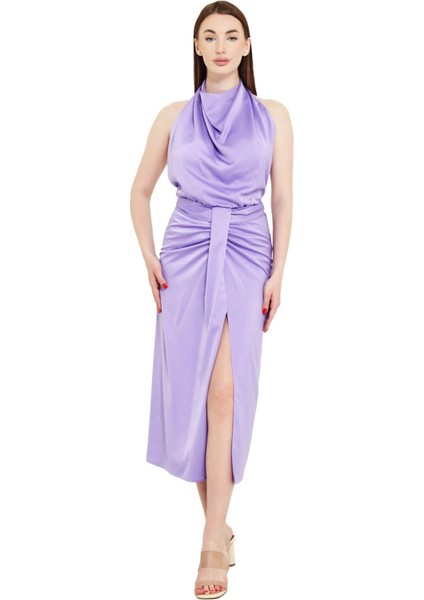 Boyundan Bağlamalı Önü Yırtmaçlı Midi Boy Elbise