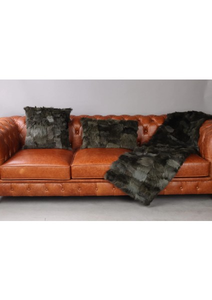 Siyah Toskana Doğal Kürk Koltuk Şal Takımı Şal 50 x 180 cm, Yastık 50 x 50 cm, Bel Yastığı 35 x 60 cm
