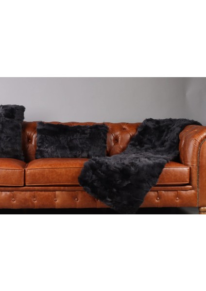 Siyah Toskana Doğal Kürk Koltuk Şal Takımı Şal 50 x 180 cm, Yastık 50 x 50 cm, Bel Yastığı 35 x 60 cm fırsatları