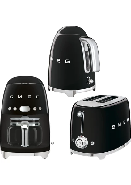 Smeg 50's Style Siyah Kettle - 1x2 Ekmek Kızartma Makinesi ve Filtre Kahve Makine Seti