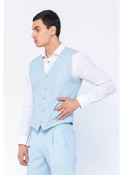 Erkek Slim Fit Çizgili Düğmeli Cepli Bürümcük Kumaş Klasik Yelek modelleri