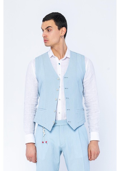 Erkek Slim Fit Çizgili Düğmeli Cepli Bürümcük Kumaş Klasik Yelek fırsatları
