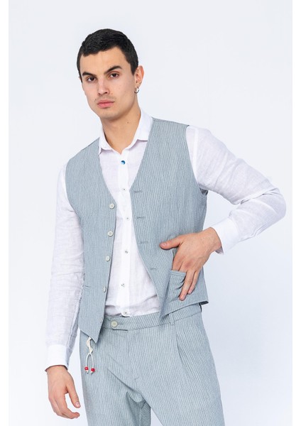 Erkek Slim Fit Çizgili Düğmeli Cepli Bürümcük Kumaş Klasik Yelek modelleri