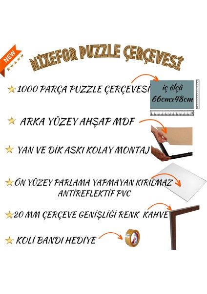 Puzzle Çerçevesi 1000 Parça Ölçü 66CM x 48CM Ön Yüzey Kırılmaz Antireflektif Arka Yüzey Ahşap Mdf