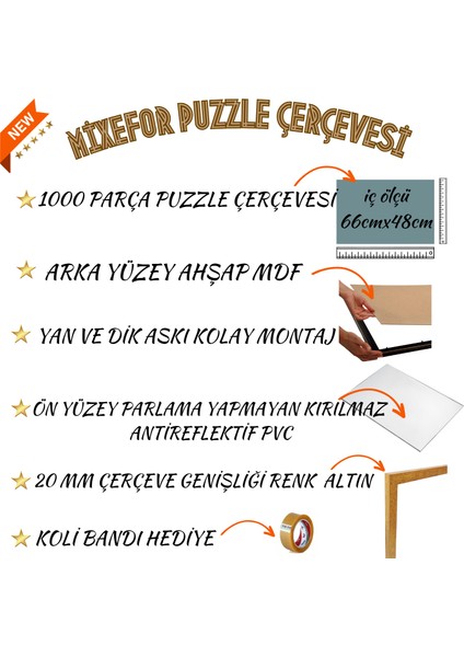 Puzzle Çerçevesi 1000 Parça Ölçü 66CM x 48CM Ön Yüzey Kırılmaz Antireflektif Arka Yüzey Ahşap Mdf
