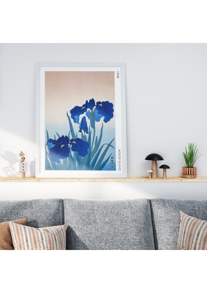 Ohara Koson Iris Çiçekleri Beyaz Çerçeveli Tablo