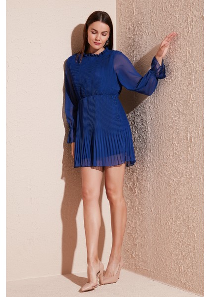 Kol Detaylı Pileli Şifon Mini Elbise Bayan Elbise 611SHN03