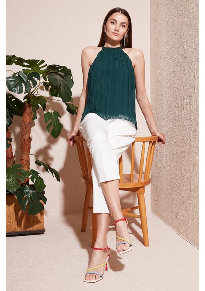 Halter Yaka Kolsuz Piliseli Kadın Bluz 611BZ0220