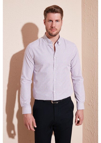 Desenli Pamuk Karışımlı Düğmeli Yaka Uzun Kollu Slim Fit Gömlek Erkek Gömlek CF23S7496 fırsatları