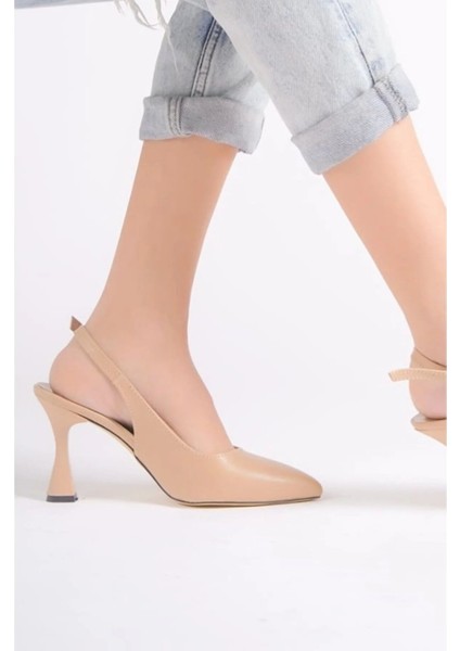 Skopje Shoes Nude Sivri 8 cm Arka Açık Klasik Topuklu Ayakkabı modelleri