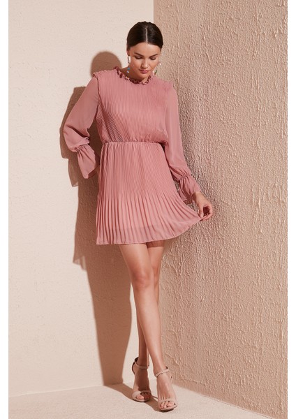 Kol Detaylı Pileli Şifon Mini Elbise Bayan Elbise 611SHN03