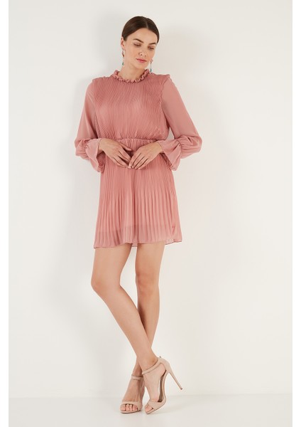 Kol Detaylı Pileli Şifon Mini Elbise Bayan Elbise 611SHN03 modelleri