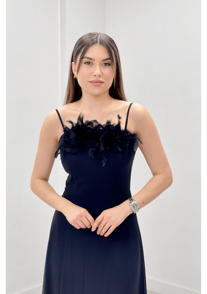 Şifon Kumaş Tüy Detaylı Sırt Dekolteli Abiye Elbise - Siyah modelleri