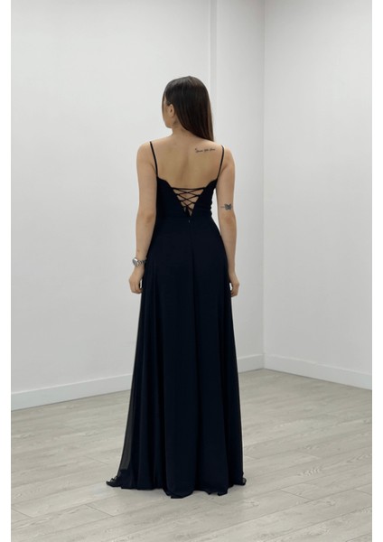 Şifon Kumaş Tüy Detaylı Sırt Dekolteli Abiye Elbise - Siyah fırsatları