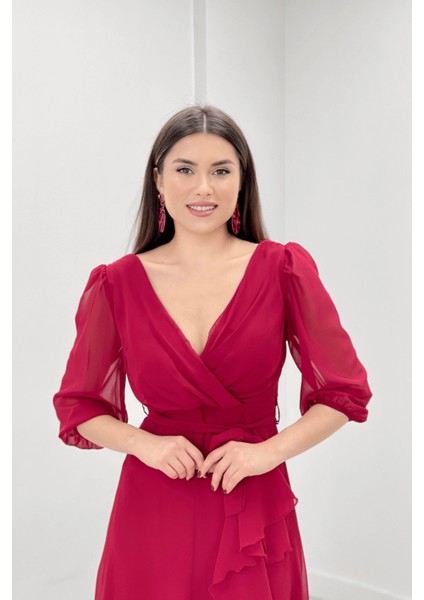 Şifon Kumaş Volan Detaylı Abiye Elbise - Bordo modelleri