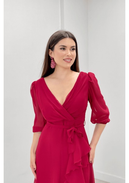 Şifon Kumaş Volan Detaylı Abiye Elbise - Bordo fırsatları