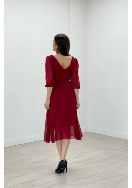 Şifon Kumaş Volan Detaylı Abiye Elbise - Bordo indirimleri