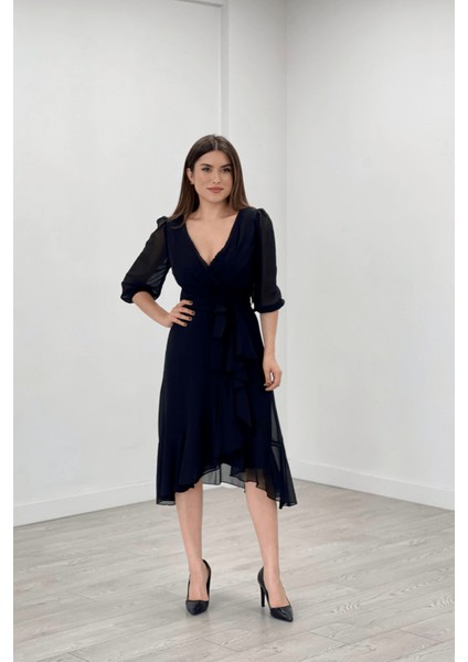 Şifon Kumaş Volan Detaylı Abiye Elbise - Siyah