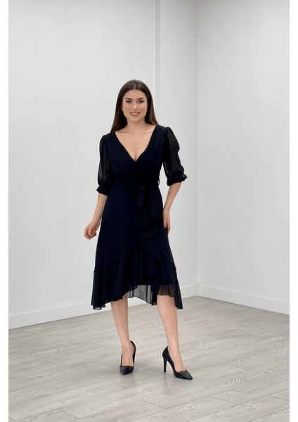 Şifon Kumaş Volan Detaylı Abiye Elbise - Siyah fiyatları