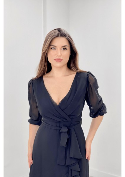 Şifon Kumaş Volan Detaylı Abiye Elbise - Siyah modelleri