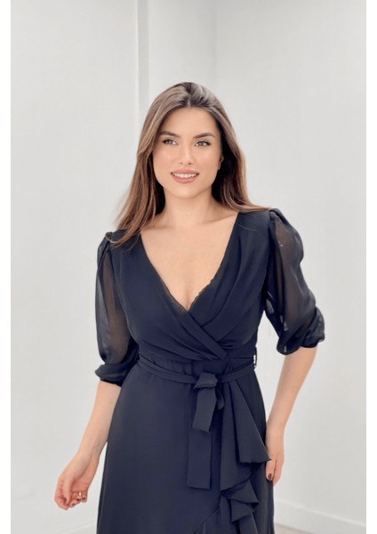 Şifon Kumaş Volan Detaylı Abiye Elbise - Siyah fırsatları