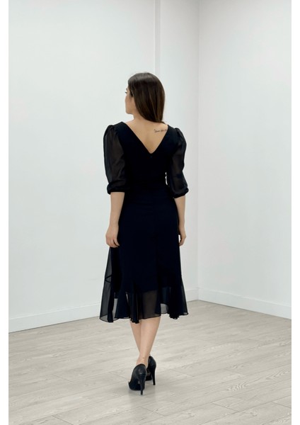 Şifon Kumaş Volan Detaylı Abiye Elbise - Siyah indirimleri