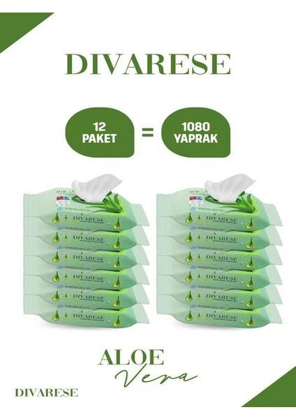 Dıvarese Islak Havlu Mendil 90 Yaprak Aloe Vera 12 Li Set 1080 Yaprak Kapaklı