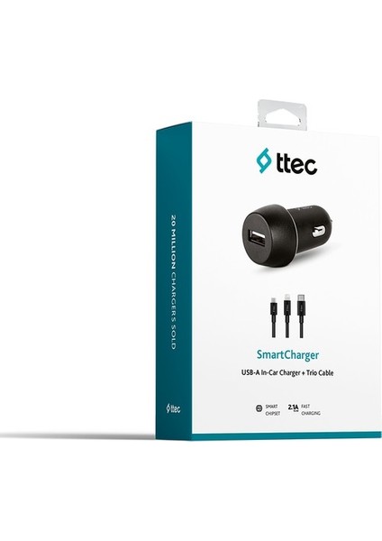 Smartcharger 2.1A Araç Şarj Aleti + Trio Kablo Ttec