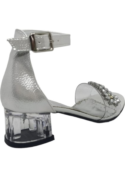 Şef2 Kız Çocuk Gümüş Şeffaf Tek Bant Taşlı Şeffaf Topuklu Ayakkabı modelleri