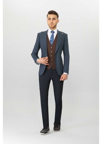 Slımfıt Karelı Yeleklı Kombın Takım Elbıse Lacivert