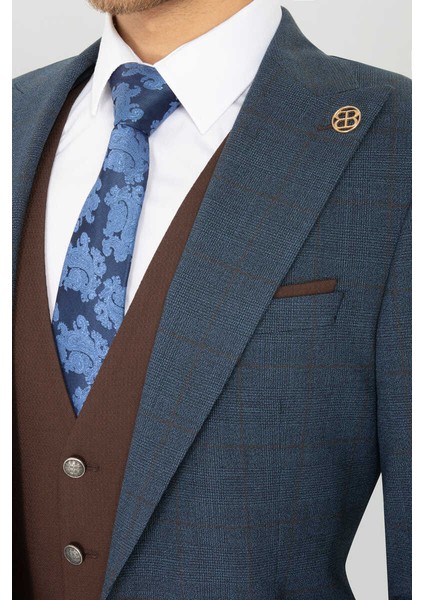 Slımfıt Karelı Yeleklı Kombın Takım Elbıse Lacivert fiyatları