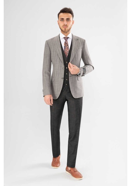 Slımfıt Cızgılı Bırdeye Yeleklı Kombın Takım Siyah