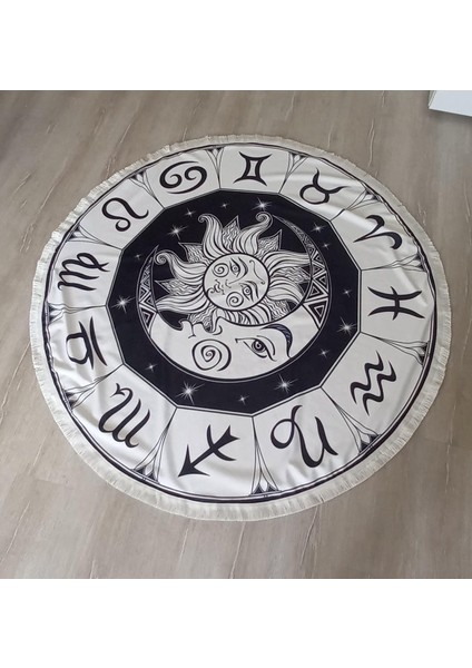 Beyaz Mavi Astroloji Zodyak Çember Baskılı Plaj Havlusu