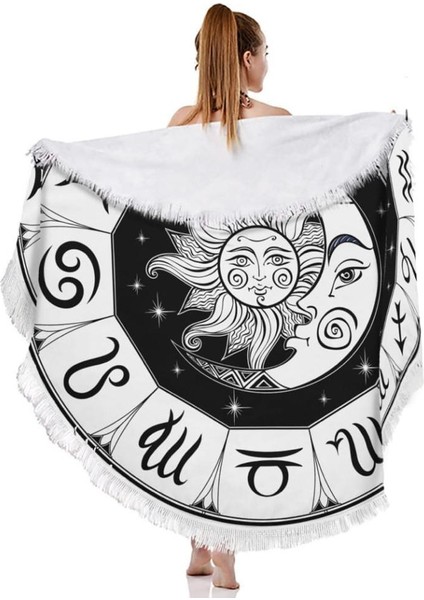 Beyaz Mavi Astroloji Zodyak Çember Baskılı Plaj Havlusu fiyatları