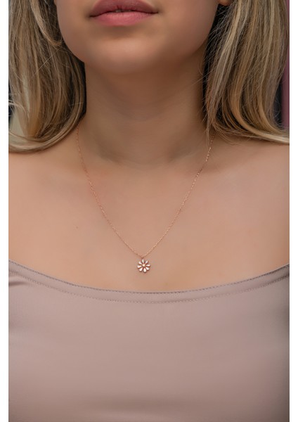925 Ayar Gümüş Rose Kaplama Minimal Mineli Papatya Kolye