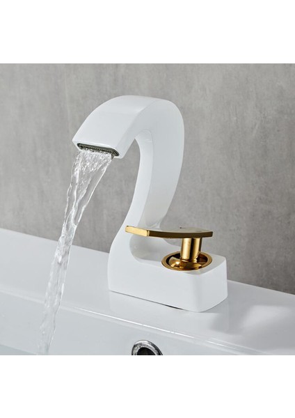 Gold Beyaz Güverte Monte Tek Delik Şelale Havza Banyo Lavabo Musluğu Sıcak ve Soğuk